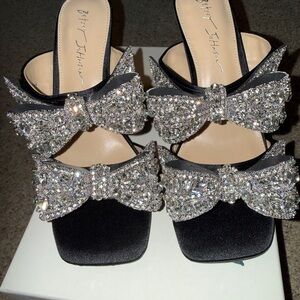 Betsey Johnson Black Heels with Silver Glitter Bows